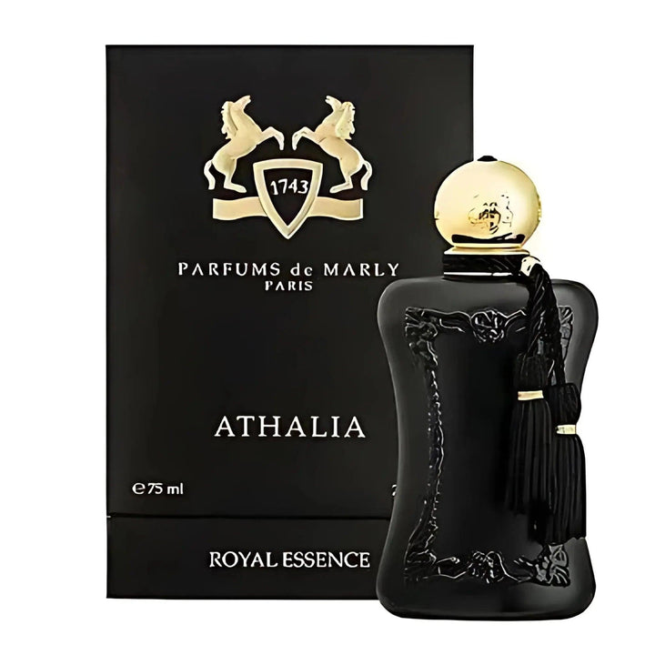  A luxurious black bottle of Parfums De Marly Athalia Eau De Parfum for women, elegantly designed with intricate gold accents. A niche fragrance featuring notes of orange blossom, iris, white musk, and amber, embodying sophistication, femininity, and timeless elegance. Perfect for evening wear and special occasions.